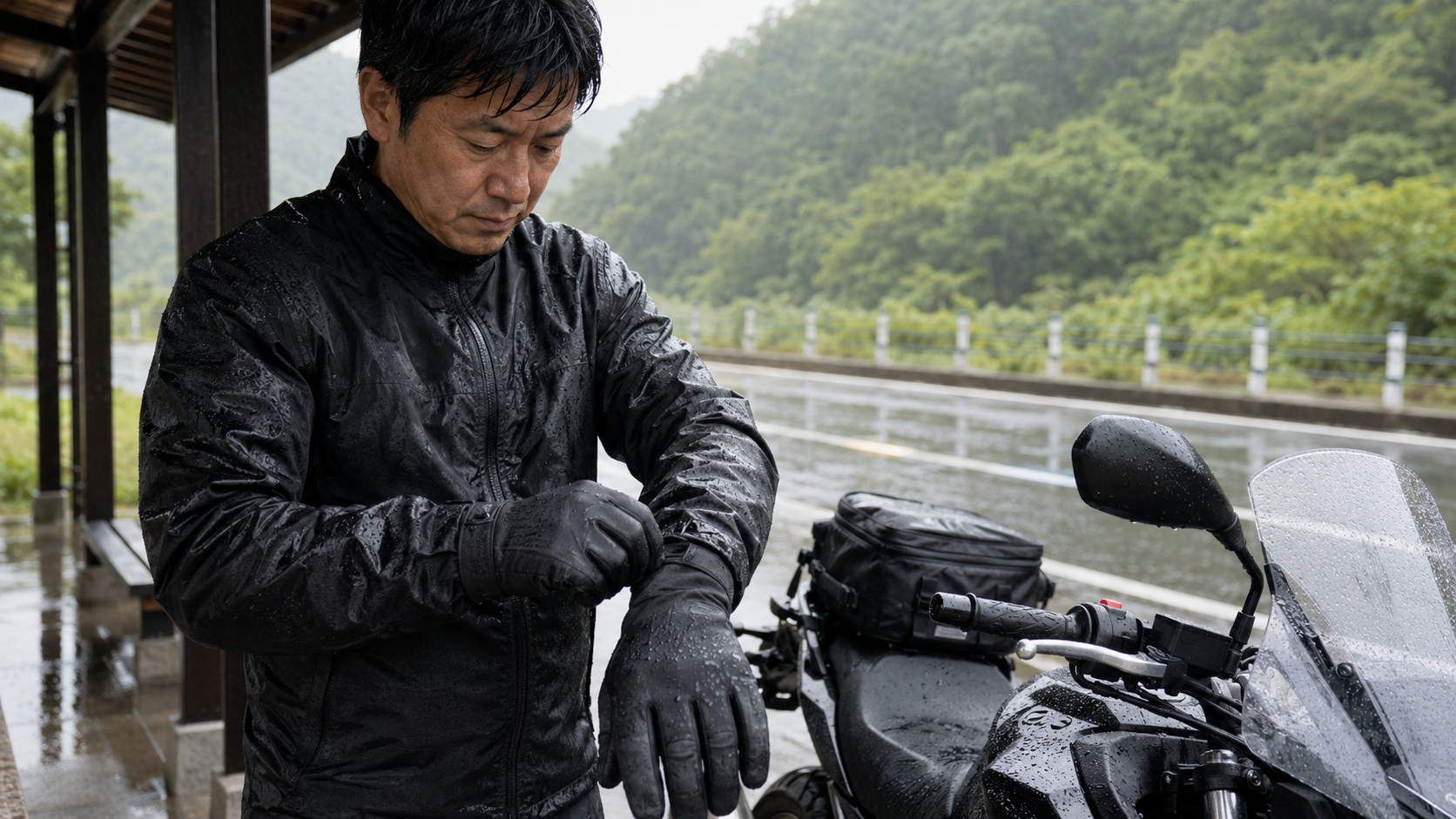 雨のツーリング前に防水バイクグローブと袖口を確認する日本人ライダー