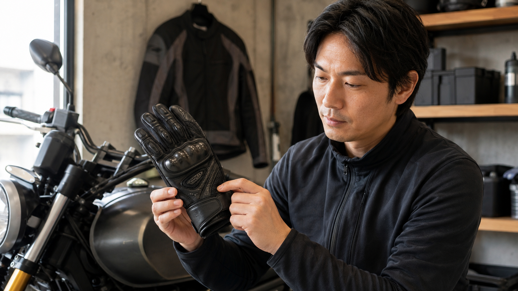 ナックル・掌スライダー・手首固定を備えたバイクグローブを確認する日本人ライダー