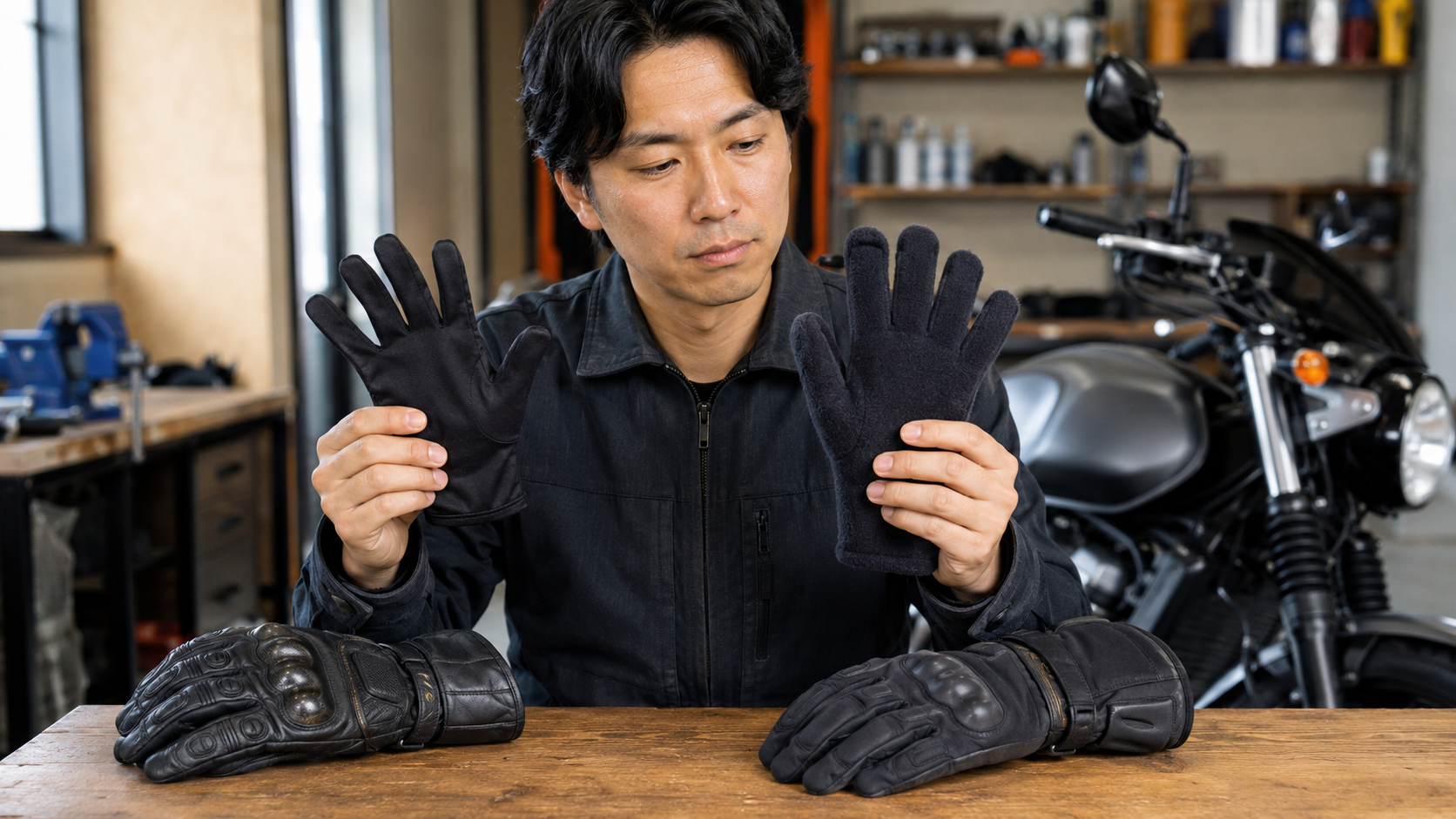 薄手の夏用と保温用インナーグローブを外側グローブと比較する日本人ライダー