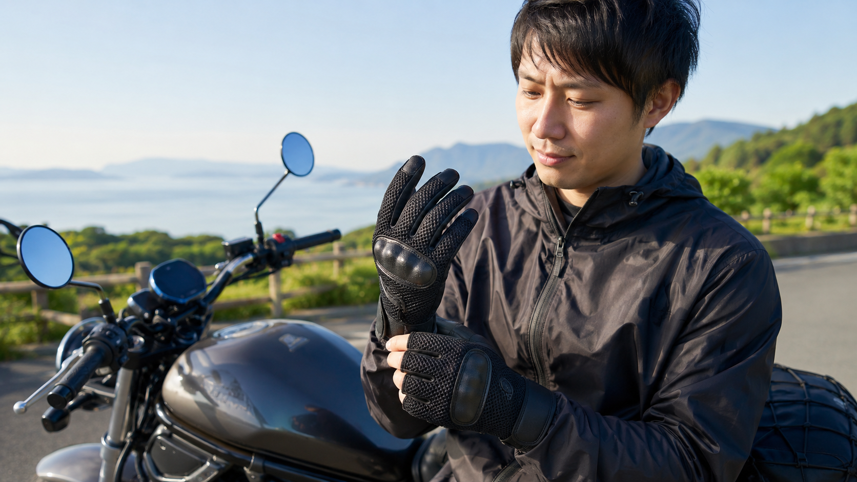 夏のツーリング前にメッシュと掌補強を確認する日本人ライダー