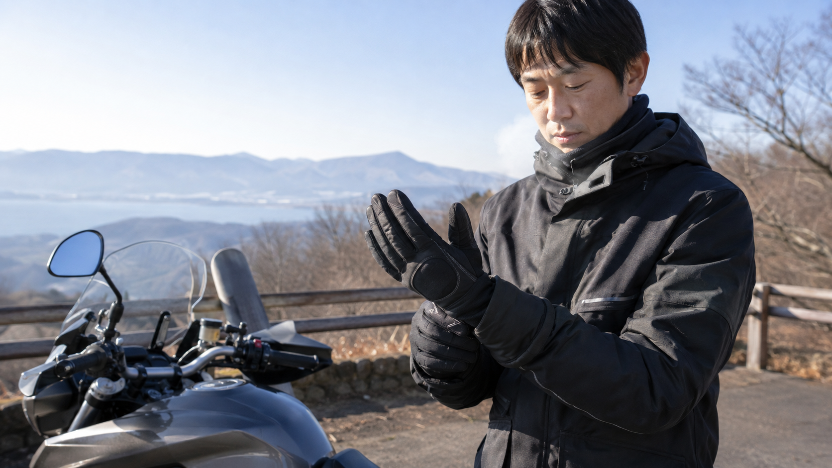 冬の出発前に防寒グローブの指先と袖口を確認する日本人ライダー