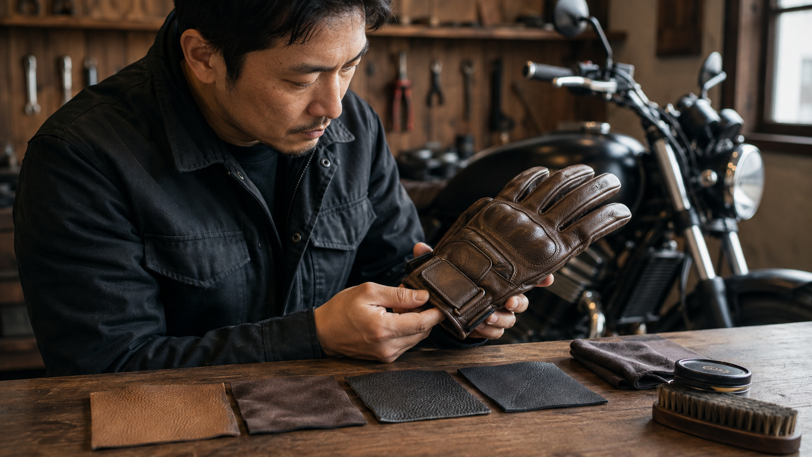 複数の革質サンプルとレザーバイクグローブを確認する日本人ライダー