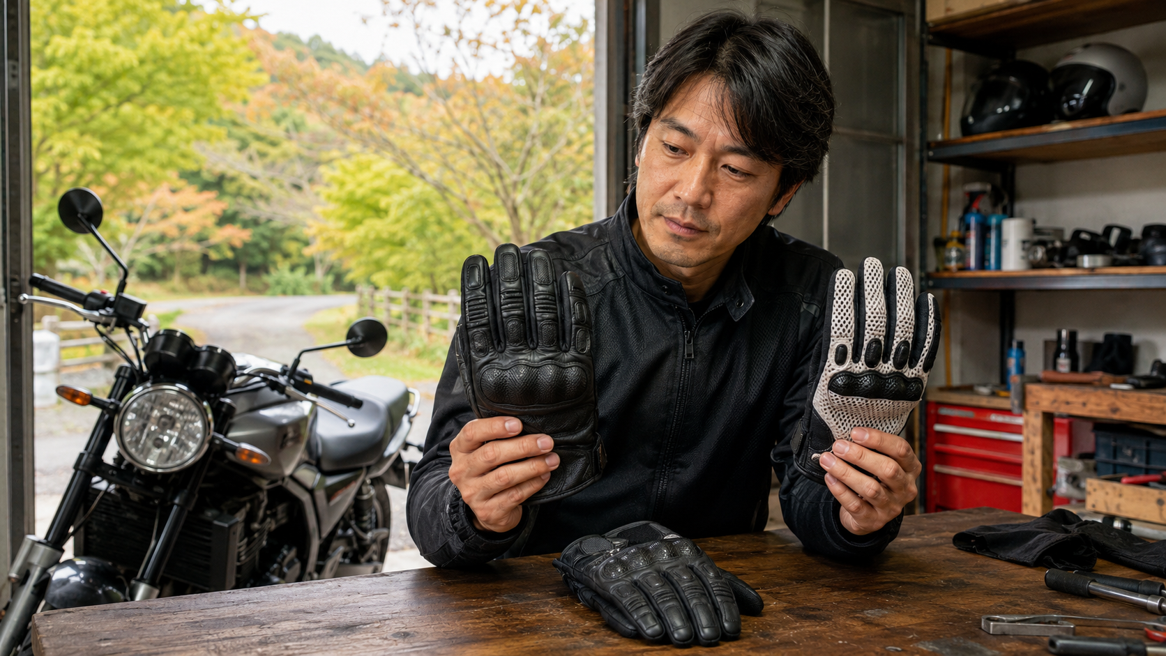 春・夏・秋の装備と3シーズンバイクグローブを比較する日本人ライダー