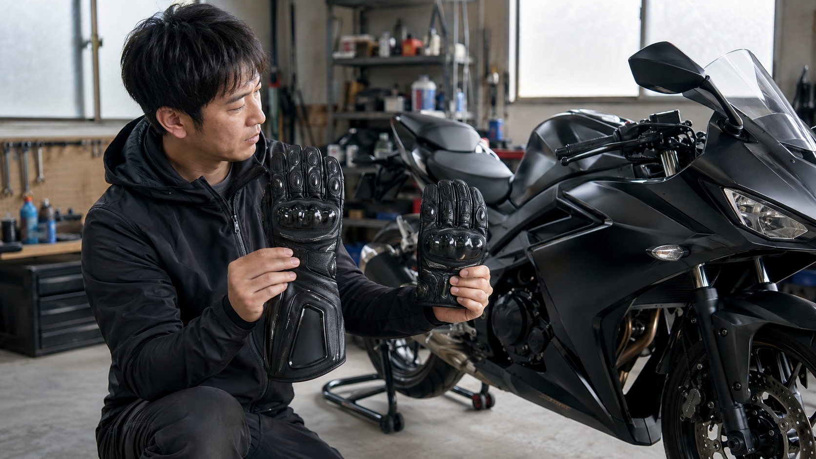 ロングカフのレーシンググローブと街乗り用グローブを比較する日本人ライダー