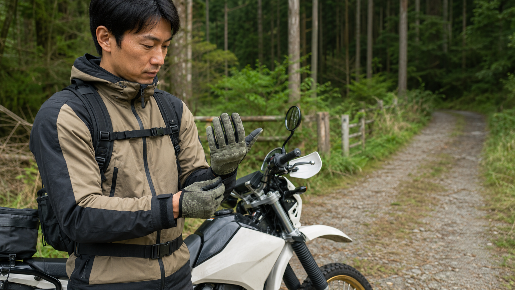 林道入口で薄手オフロードグローブの操作性と保護を確認する日本人ライダー