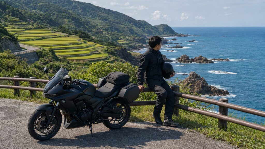 日本海沿いの道路と田園風景で休憩するツーリングライダー