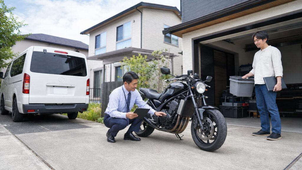 自走せず自宅の駐車場でバイク出張査定を受ける日本人オーナー
