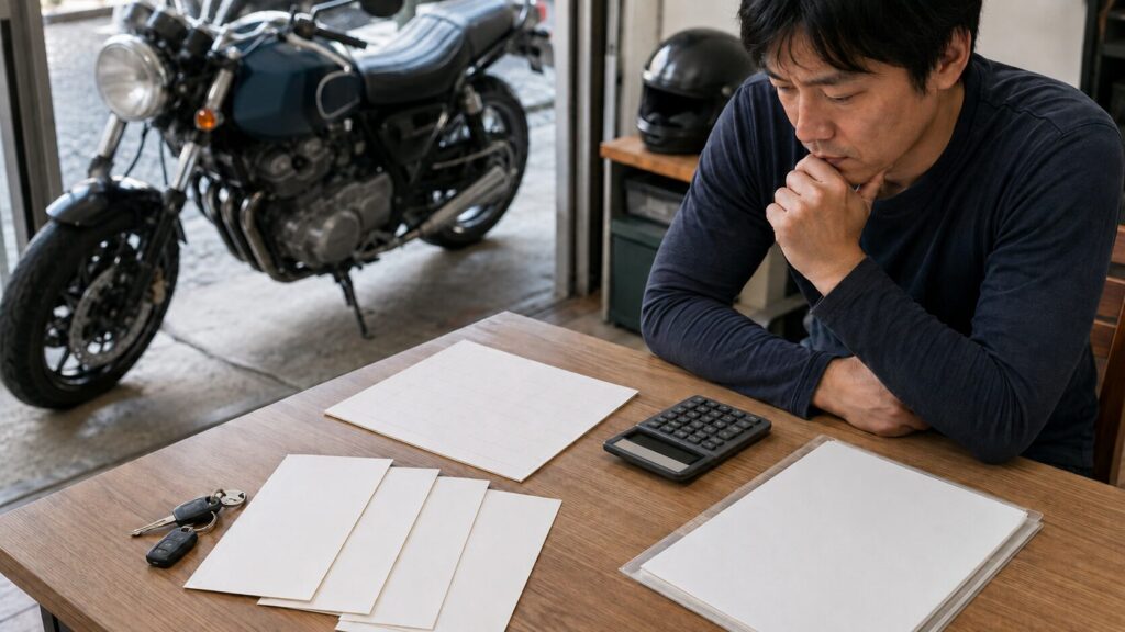 バイクの鍵と更新書類を並べて売却時期を確認する日本人オーナー