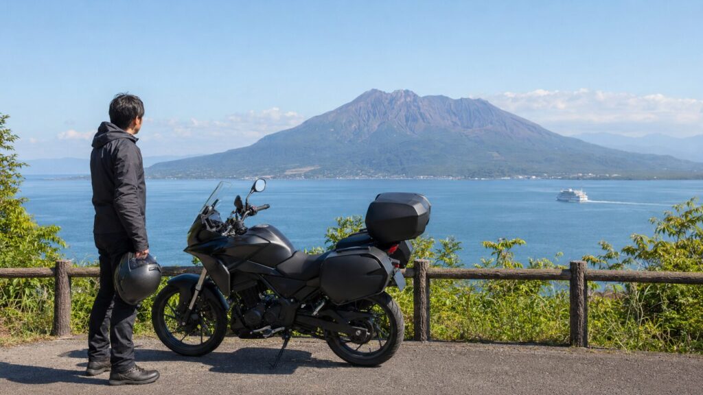 桜島を望む海辺の安全な展望地に停車したバイク
