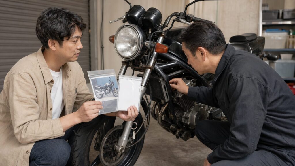 鍵のないバイクの車台と所有書類を確認する日本人オーナーと査定員
