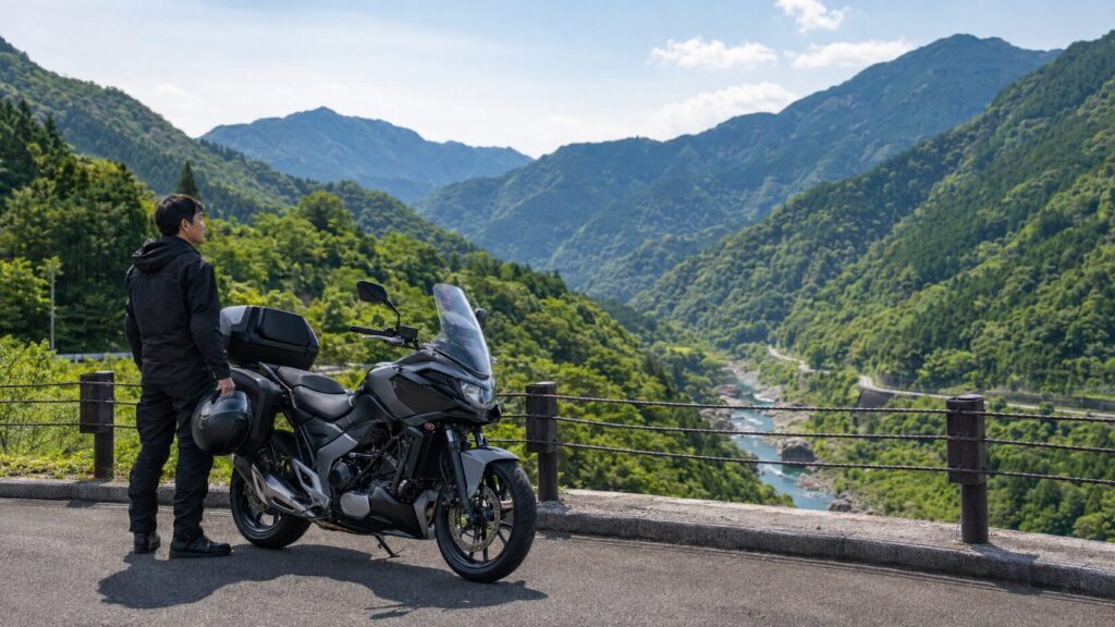 九州の渓谷と緑深い山道で休憩するツーリングライダー
