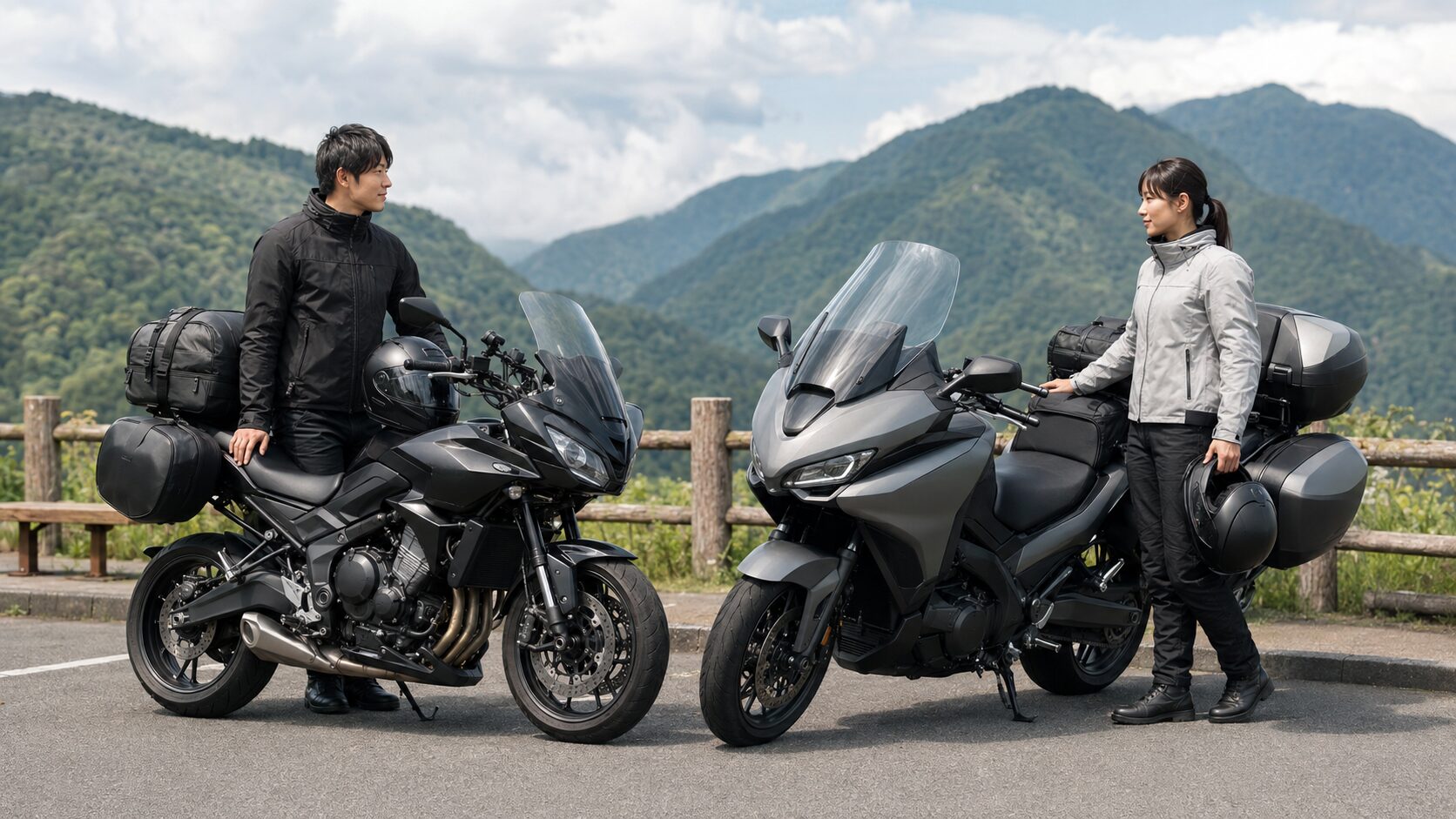 大型と中型のツーリングバイクで休憩する日本人ライダー