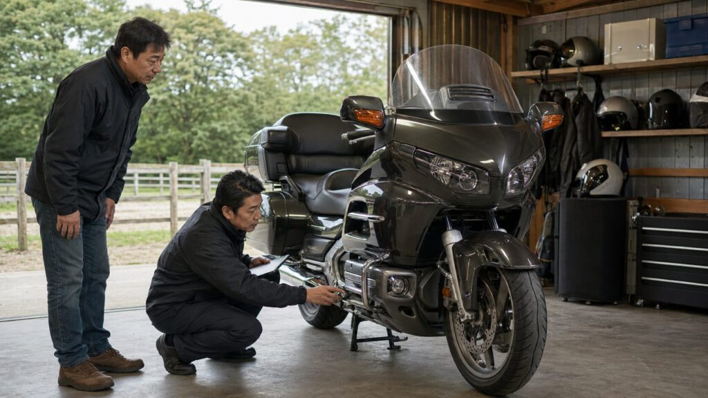 ガレージ保管された大型ツーリングバイクの整備状態を査定する様子
