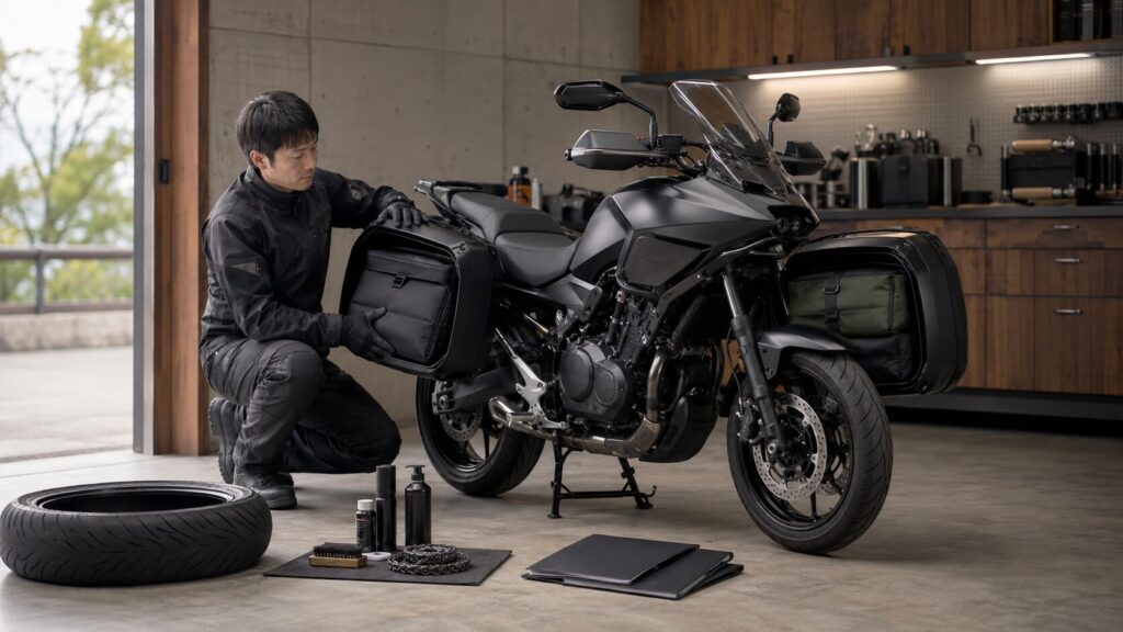 パニアの重心と消耗品を確認する大型バイクオーナー