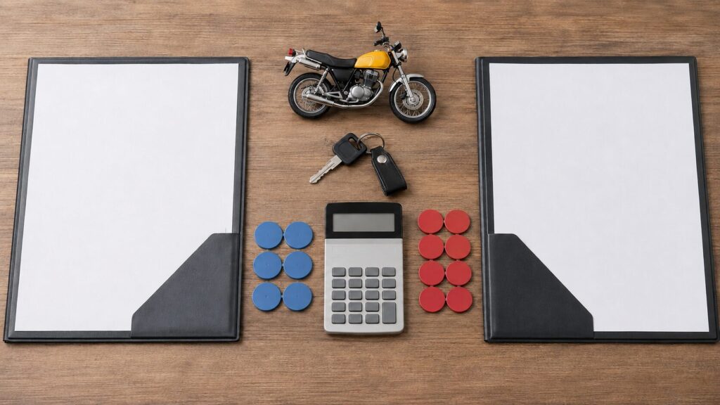 ローン残債とバイク査定額を二つの書類で比較する様子
