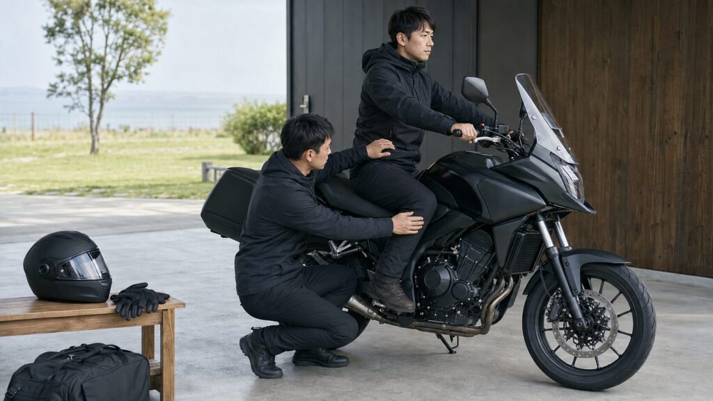 風防や姿勢、シートを確認する長距離ツーリング前の様子