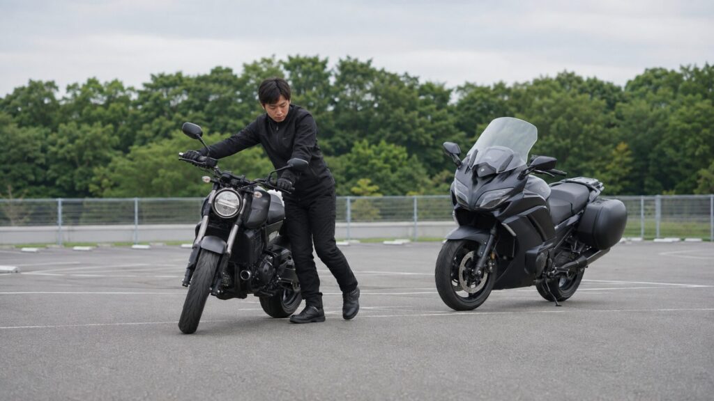 中型と大型のバイクを押し引きして車重の違いを確かめるライダー
