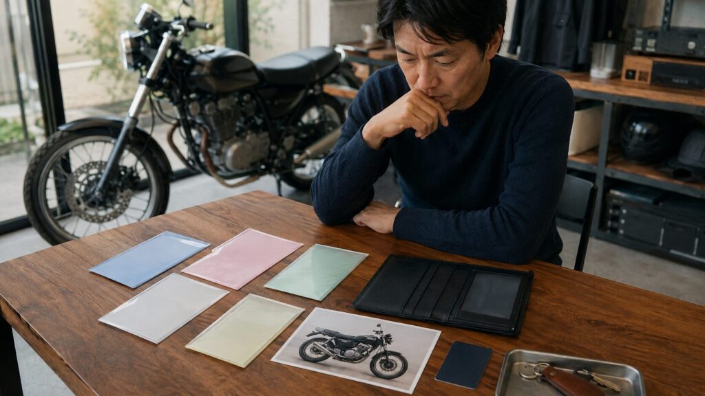 バイク写真と空の書類フォルダで紛失書類を整理する日本人オーナー