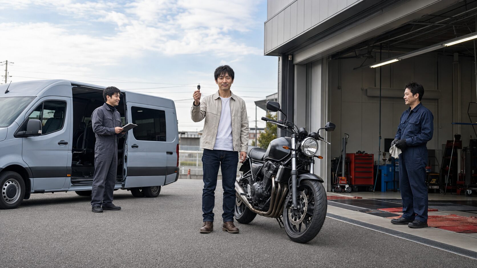 出張査定車両とバイク店舗の間で査定方法を検討する日本人オーナー