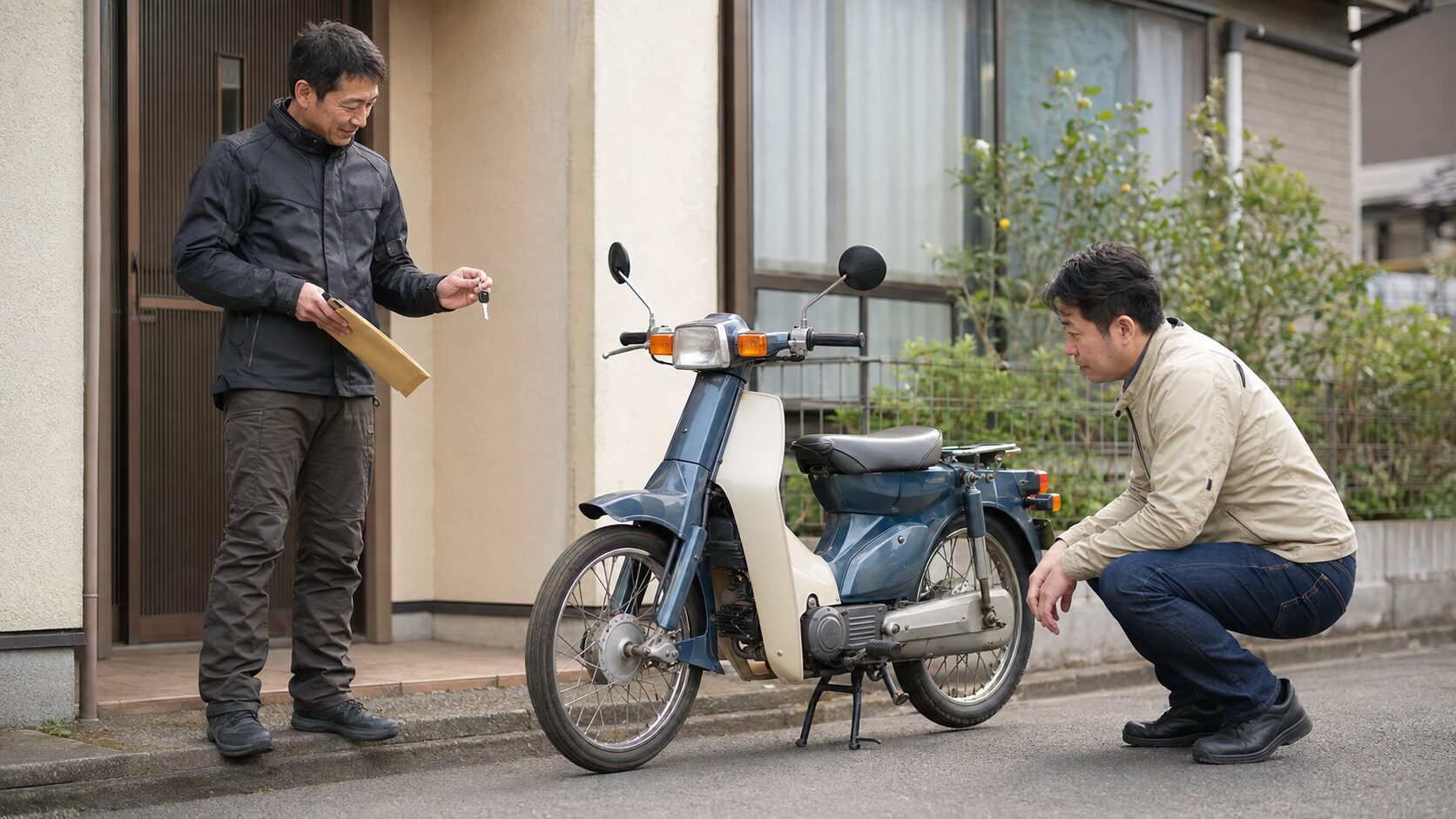 原付スクーターのそばで鍵と必要書類を準備する日本人オーナー