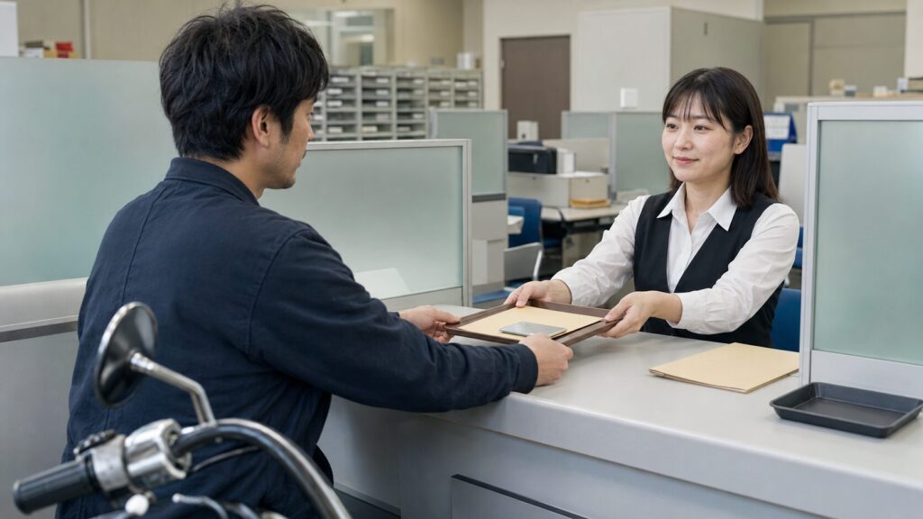 原付のナンバー返納書類を窓口で確認する日本人オーナー 