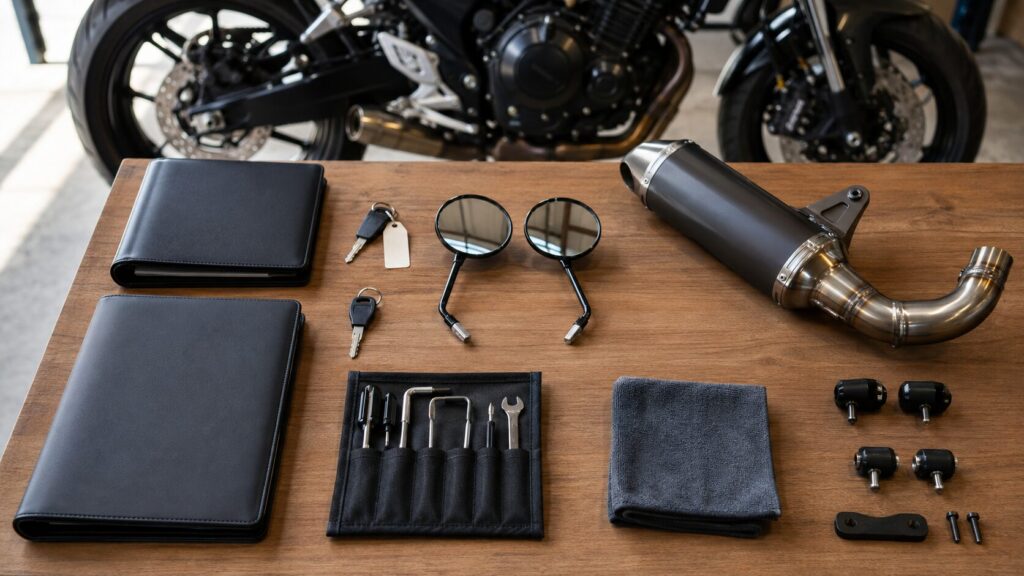 バイク査定前に鍵や整備資料、純正部品を机へそろえた様子
