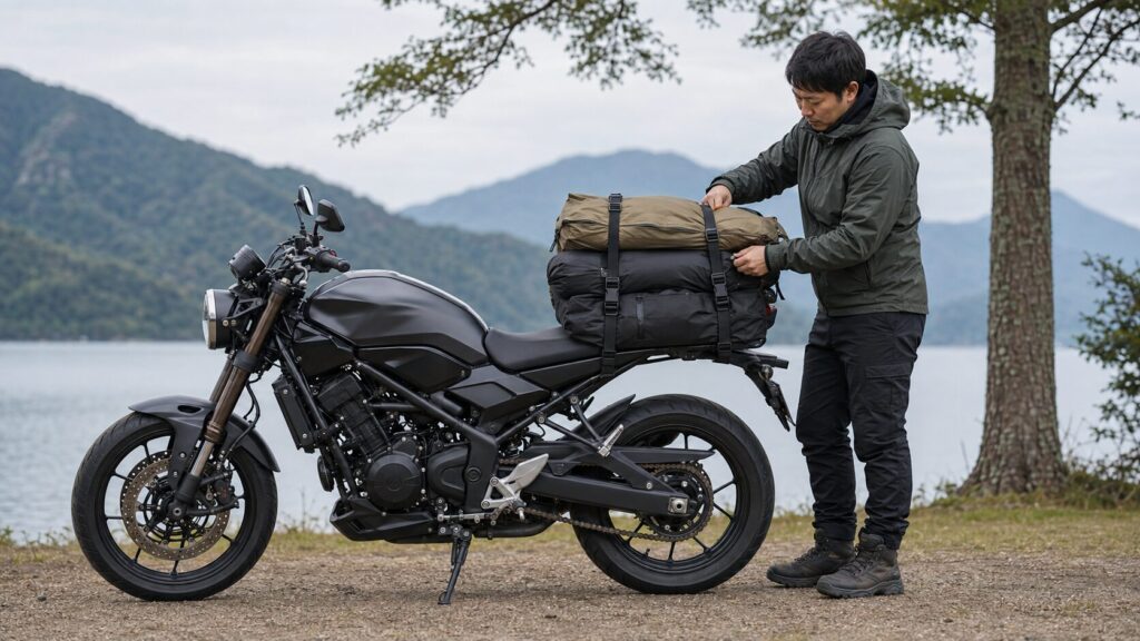重いキャンプ道具を車体中央へ寄せて固定する日本人ライダー