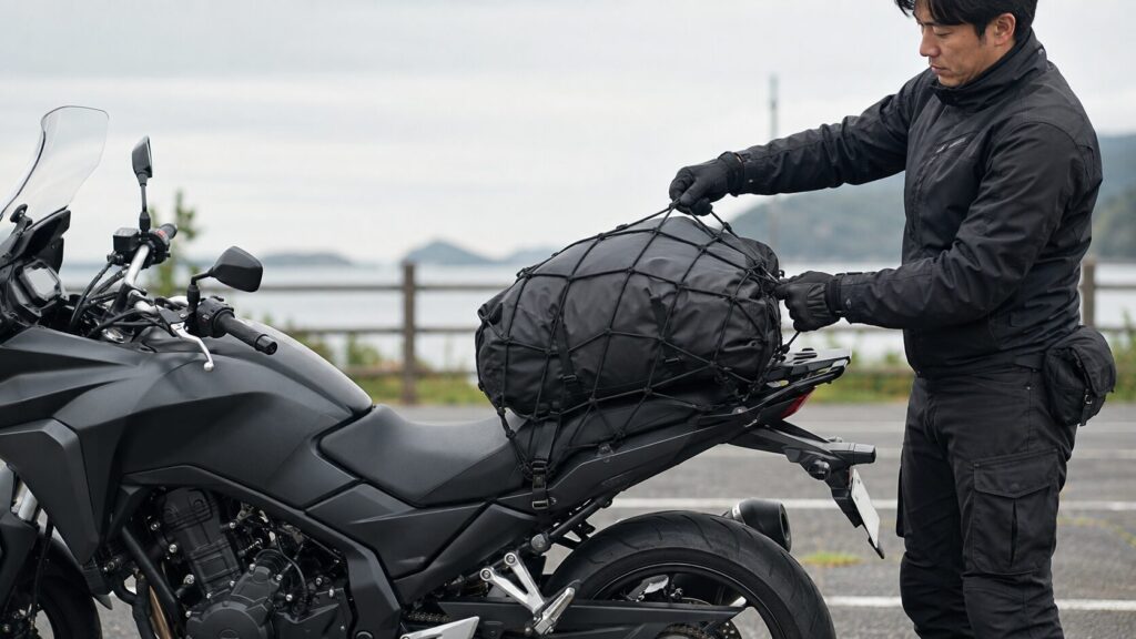 対角線上にフックを掛けて荷物を固定する日本人ライダー