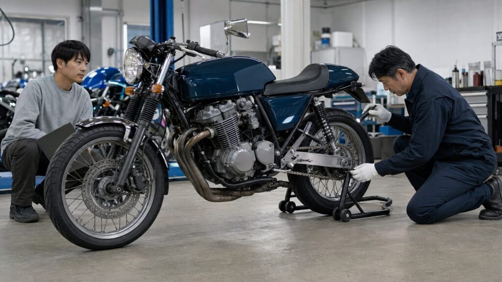 バイクの外装やタイヤ、チェーンの状態を確認する査定担当者
