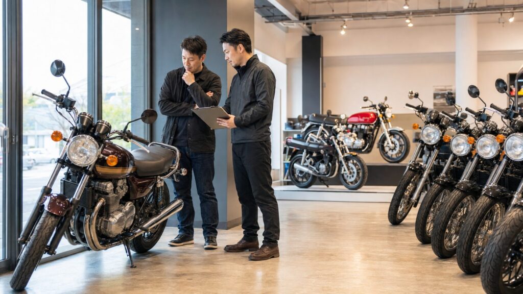 旧型と新型のバイク在庫を見比べて市場変化を確認する日本人客
