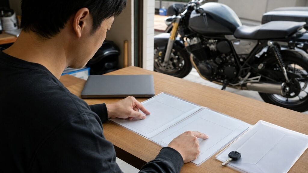 車両書類とローン契約を照合する日本人バイクオーナー
