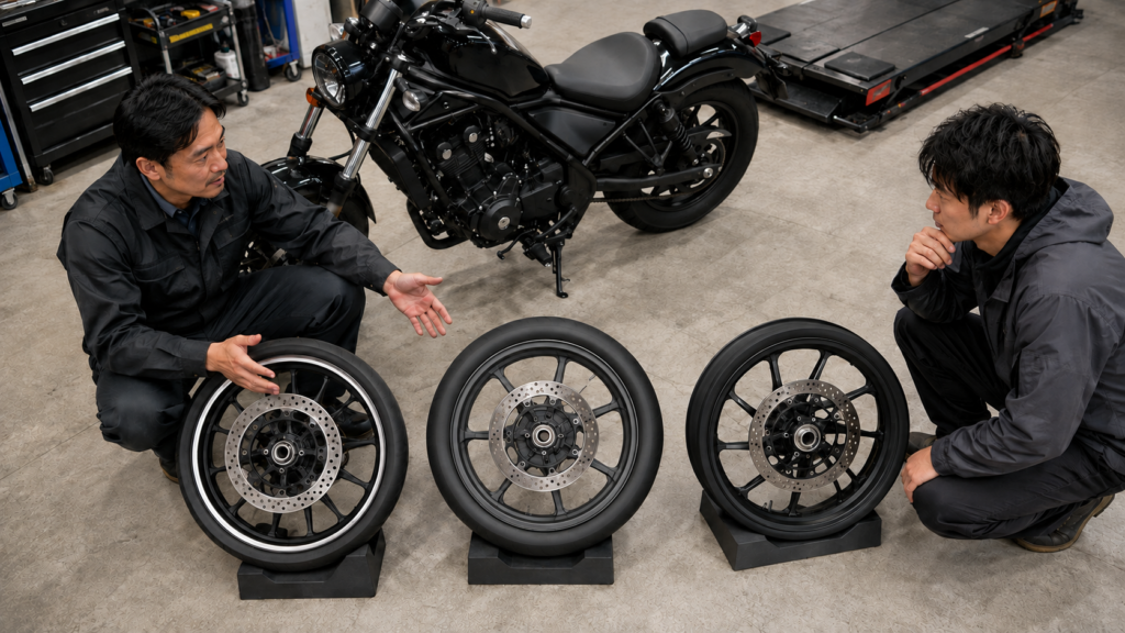 リム装飾・ホイール塗装・交換ホイールの仕上がりを比較するレブル250系カスタム作業台