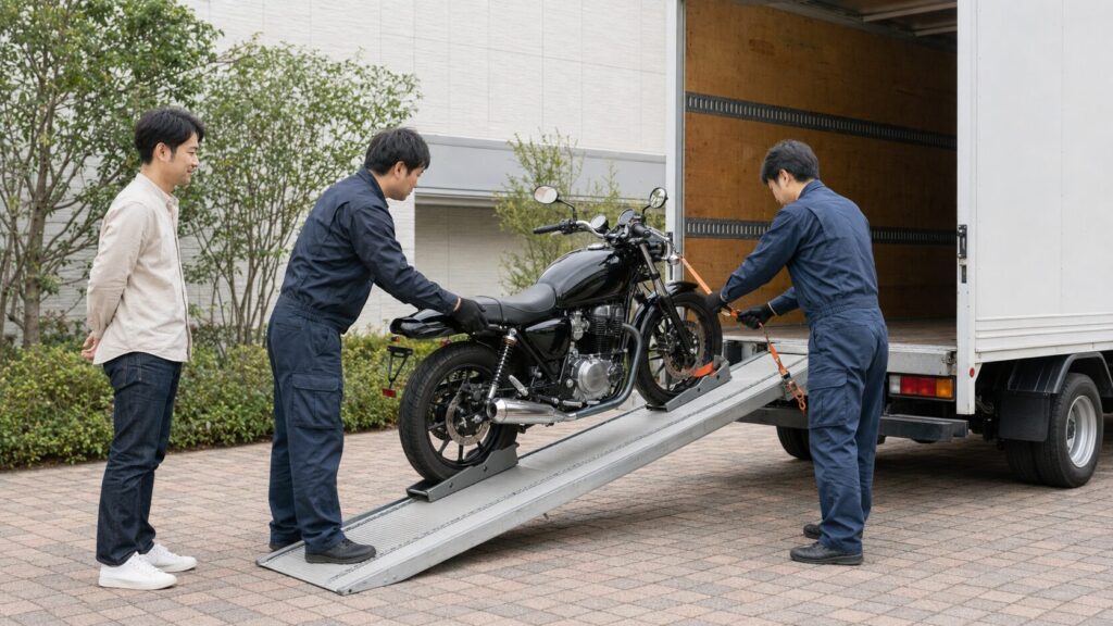 動かないバイクをラダーと固定ベルトで安全に積載する作業員