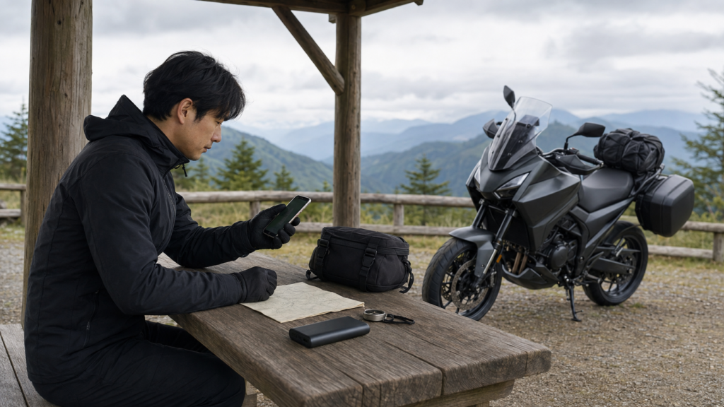 山間部でスマートフォンと紙地図を併用して進路を確認するライダー