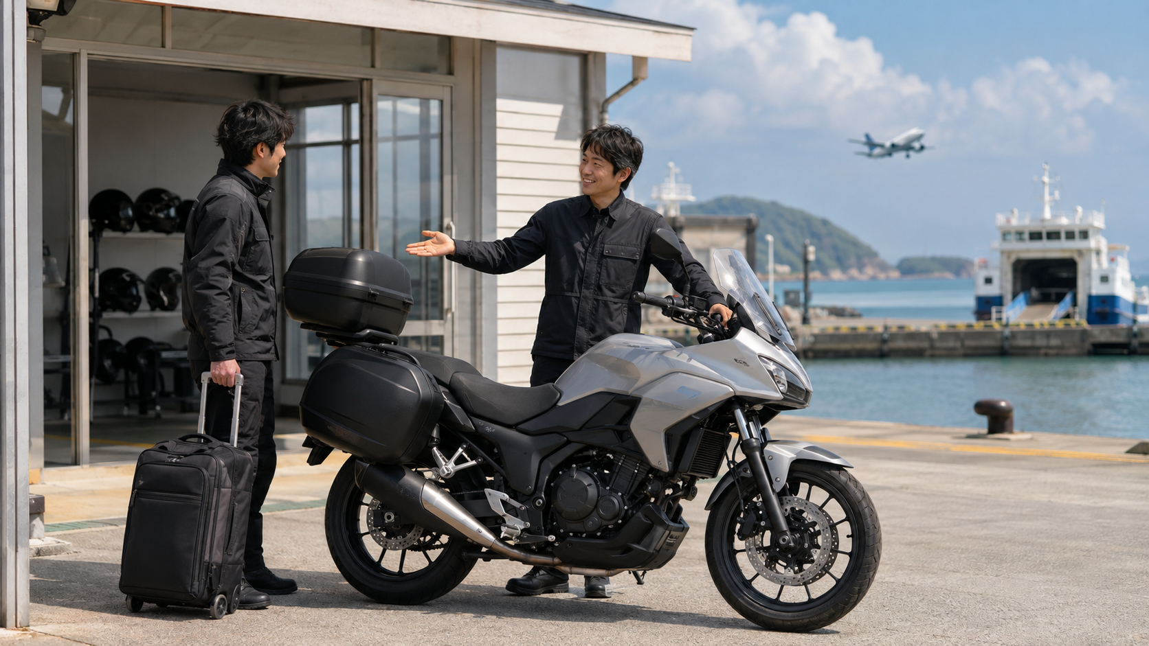 空港や港に近いレンタル店でバイクを受け取る旅行者