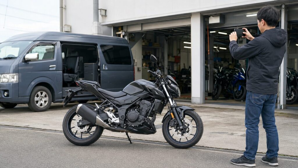 写真査定と出張査定、店舗査定の選択肢を検討する日本人ライダー 