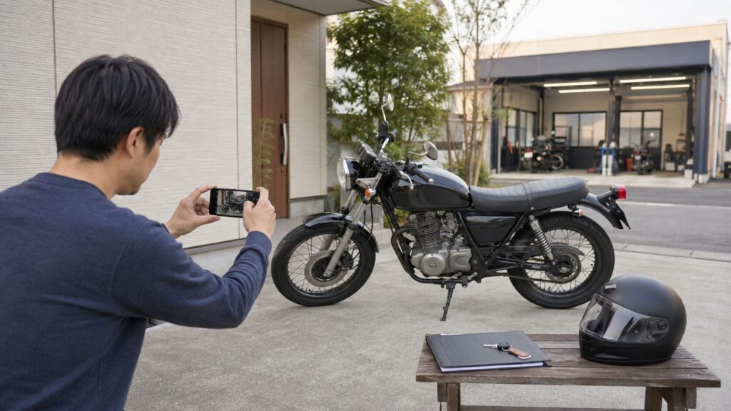 自宅でバイクを撮影してから店頭査定を検討する日本人オーナー 