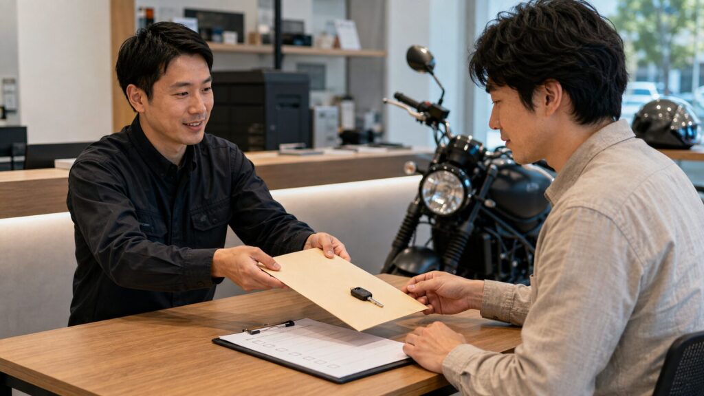 残債精算後の所有権解除書類を確認して受け取る日本人オーナー
