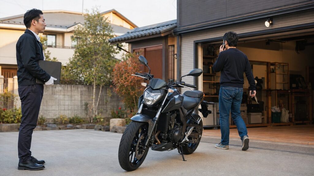 出張査定後に家族へ相談するため席を外す日本人バイクオーナー 