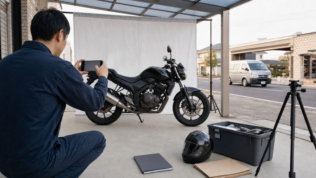自宅でバイクの全体写真を撮り査定方法を選ぶ日本人オーナー
