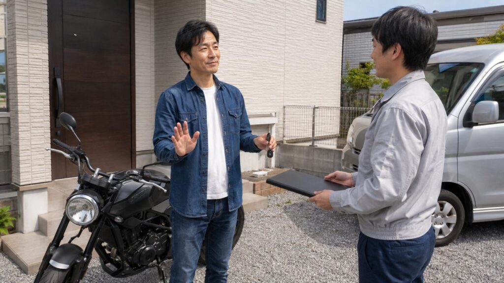 鍵を手元に残し査定担当者へ比較後に決めると伝える日本人オーナー 