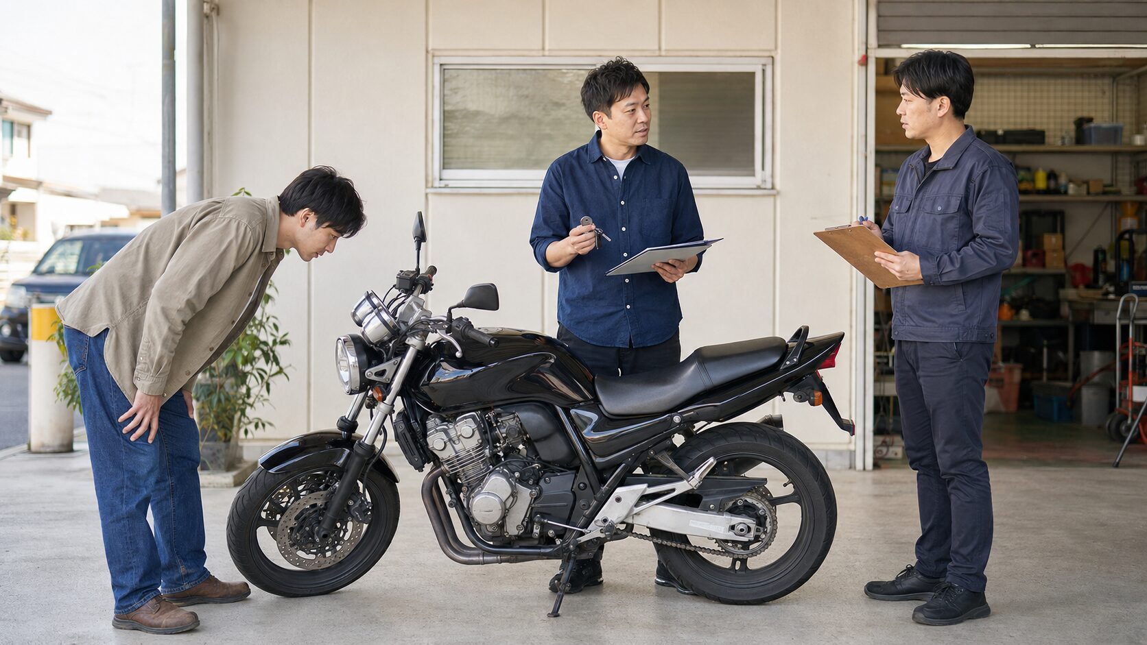 個人の買い手と買取査定員の間でバイク売却方法を比較する日本人オーナー