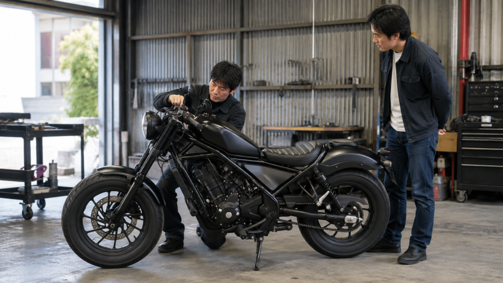 低めのハンドルと水平なシートラインでカフェレーサー風に整えたレブル250系カスタム車