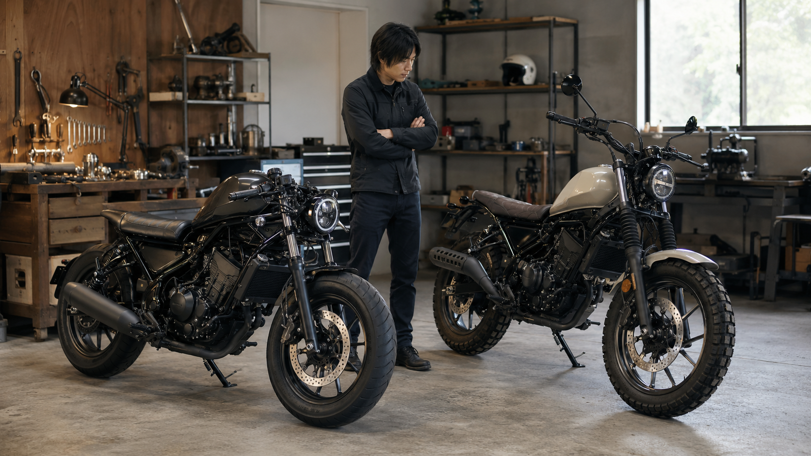 カフェレーサー風とスクランブラー風に仕上げたレブル250系カスタム車を比較する日本人ライダー