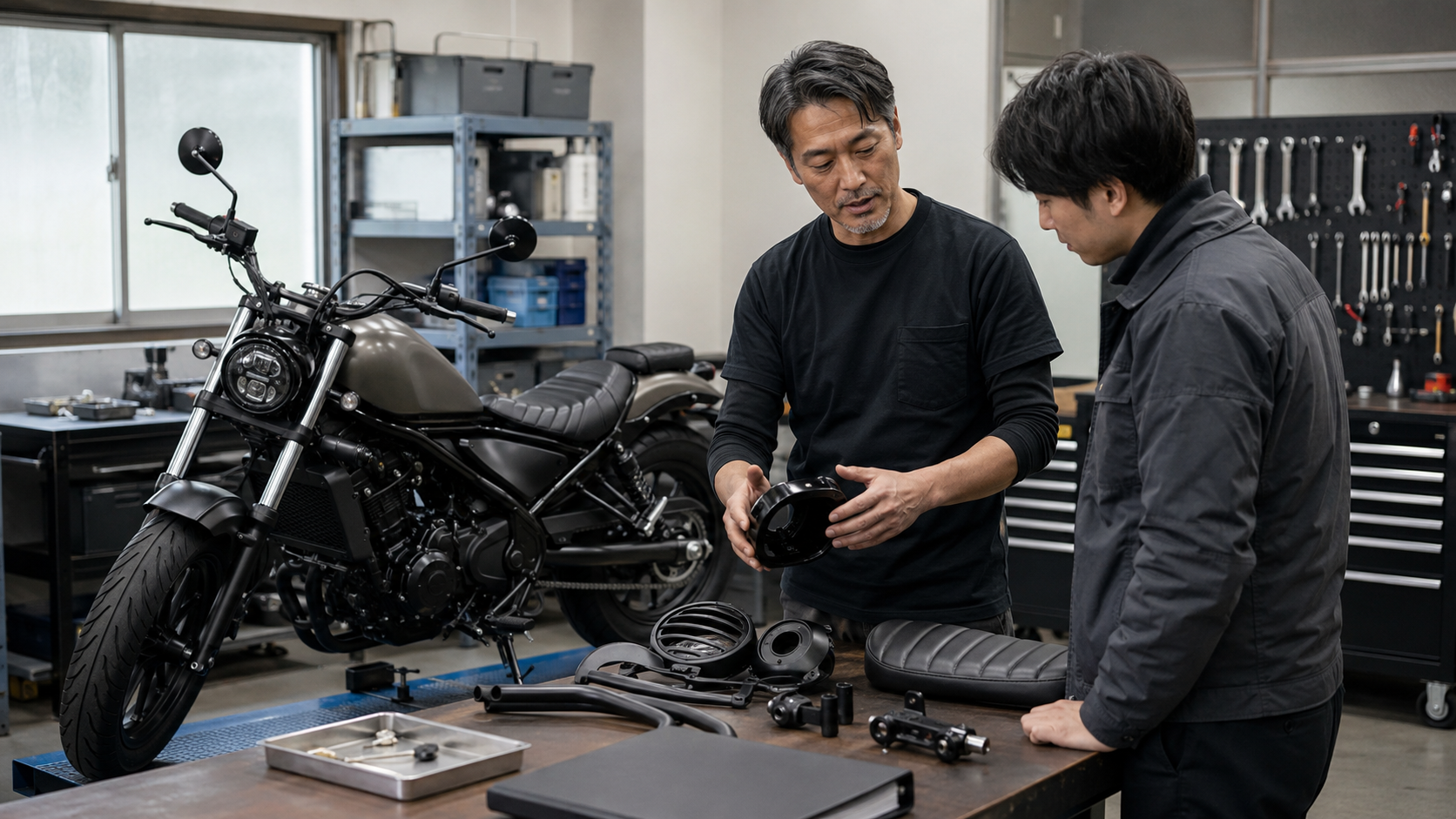 レブル250系車両を前に希望と安全条件を相談する日本人オーナーとカスタムショップ整備士
