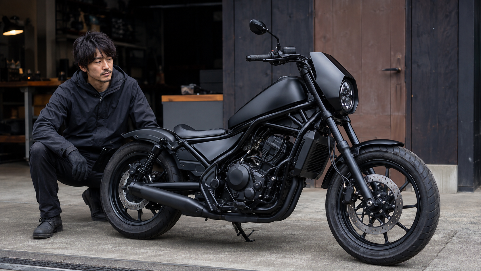 黒い外装と低いシルエットでまとめたレブル250系ディアブロカスタムを確認する日本人ライダー