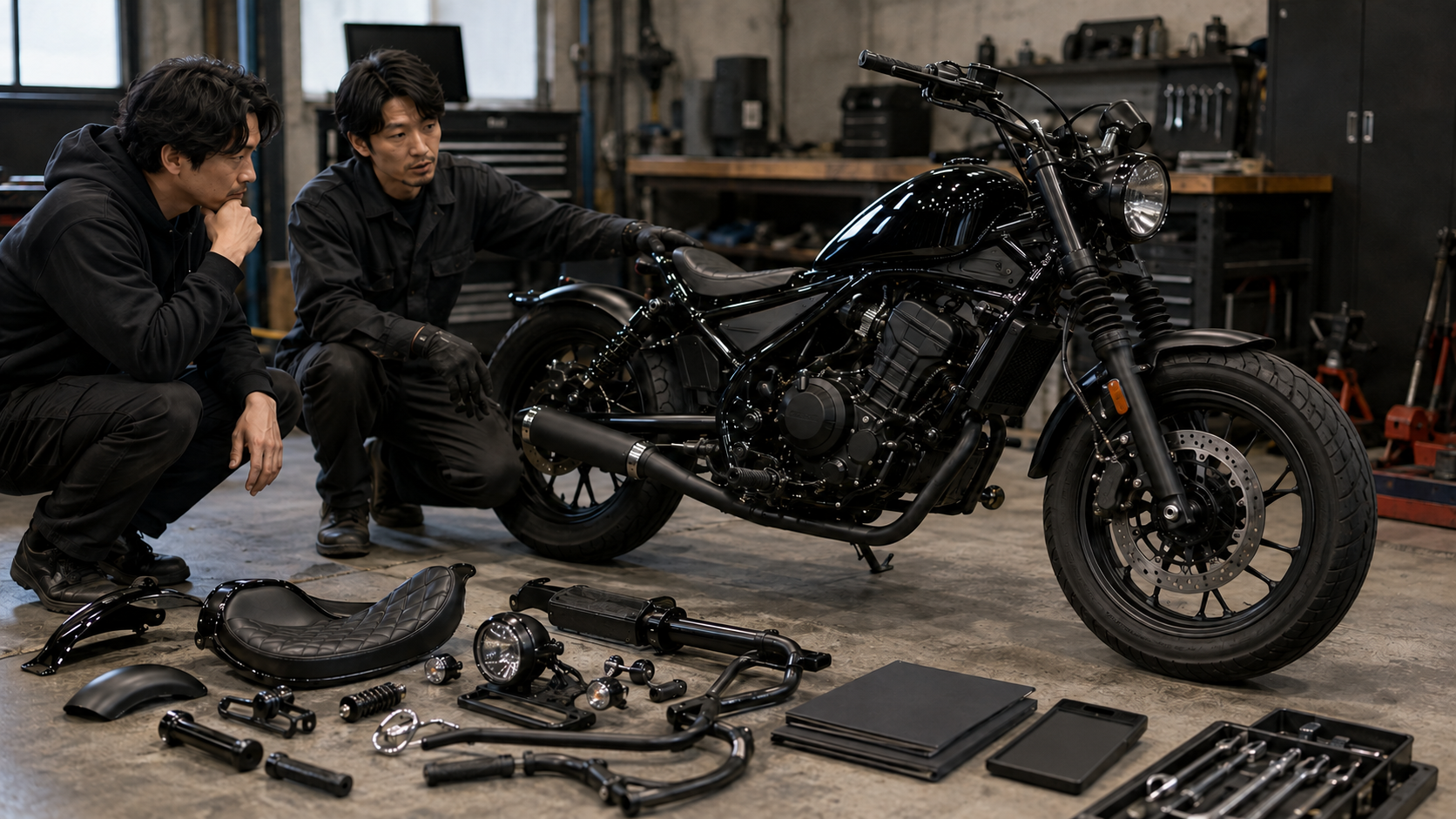 完成したレブル250系フルカスタム車と部品、見積項目を確認するオーナー