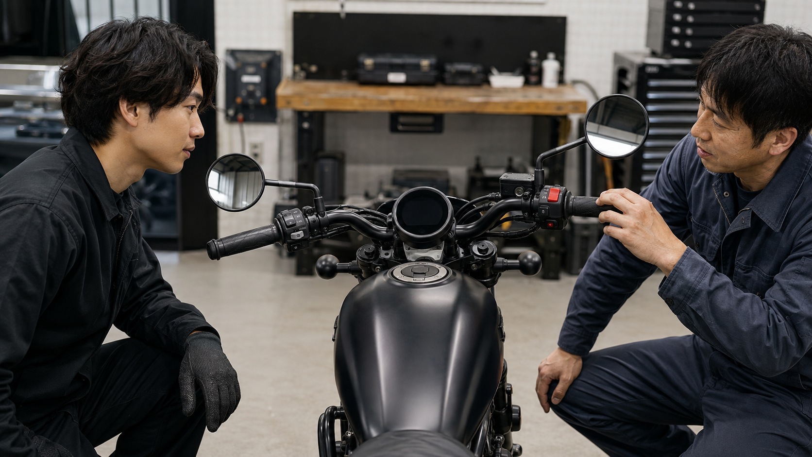 視認性を保ったミラーとメーター周りのレブル250系カスタム車を確認する日本人ライダー