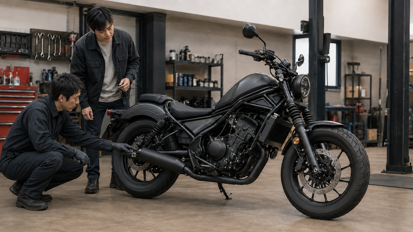 黒い認証対応マフラーを装着したレブル250系カスタム車を整備士と確認する日本人オーナー