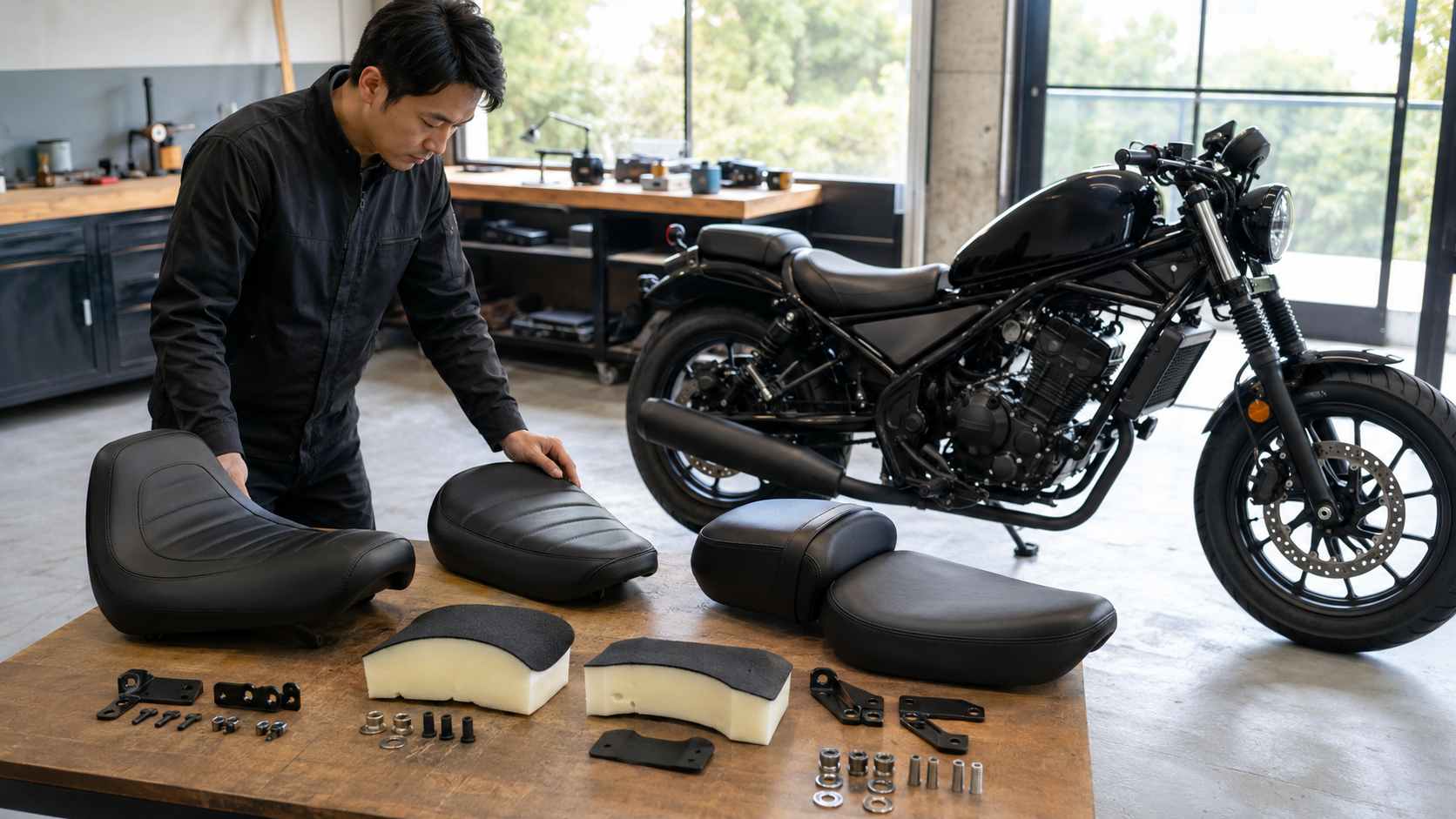 快適性や足つきの異なるレブル250系カスタムシートを比較するライダー